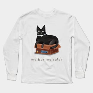 Cartoon black cat in a box and the inscription "My box - my rules". Long Sleeve T-Shirt